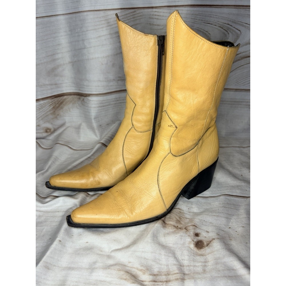 Vic Matie Women's Leather Western Calf Boots Beige Pointed Toe Side Zip EU 37